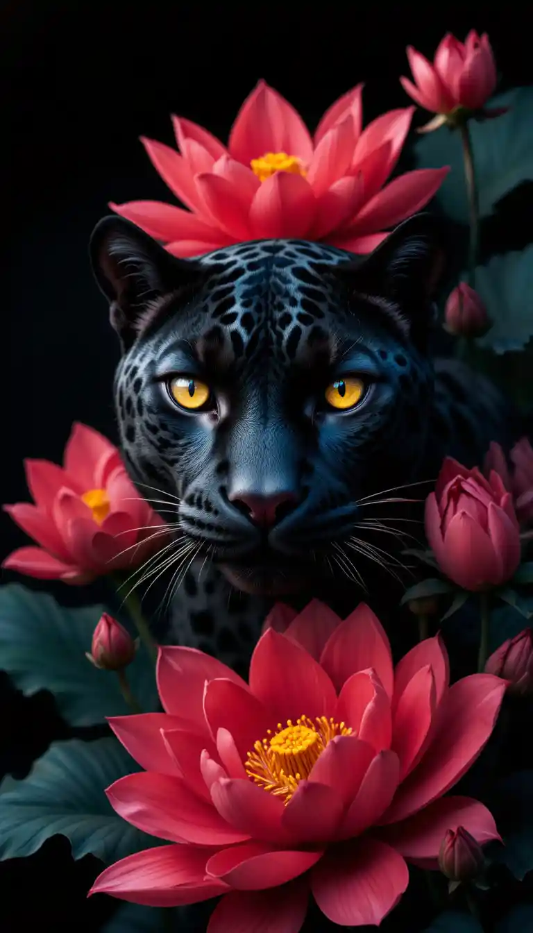Close up black jaguar with glowing yellow eyes on dark background
