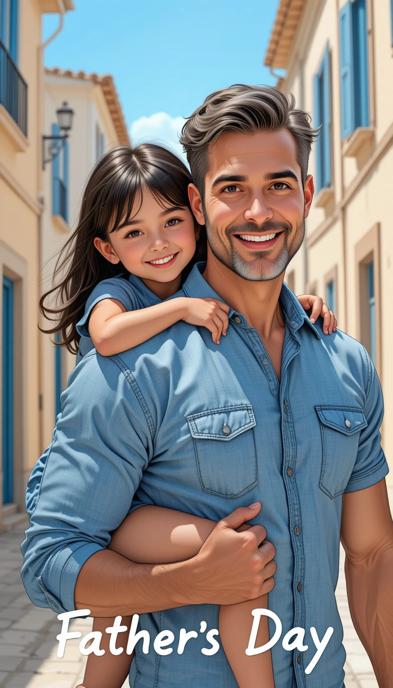 Smiling girl on fathers shoulders in sunny mediterranean street