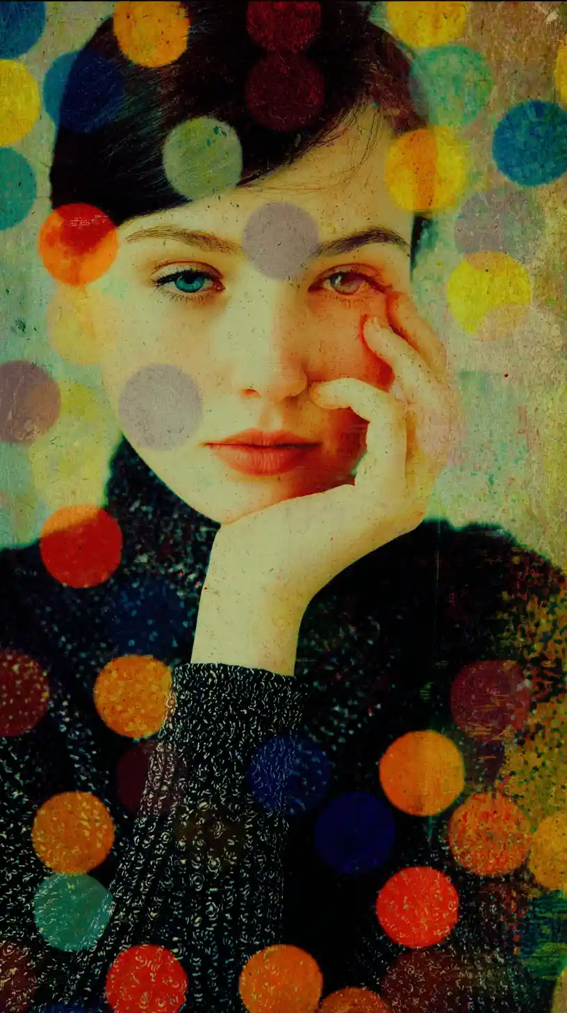 Colorful mixed media print with abstract disco dot bokeh background