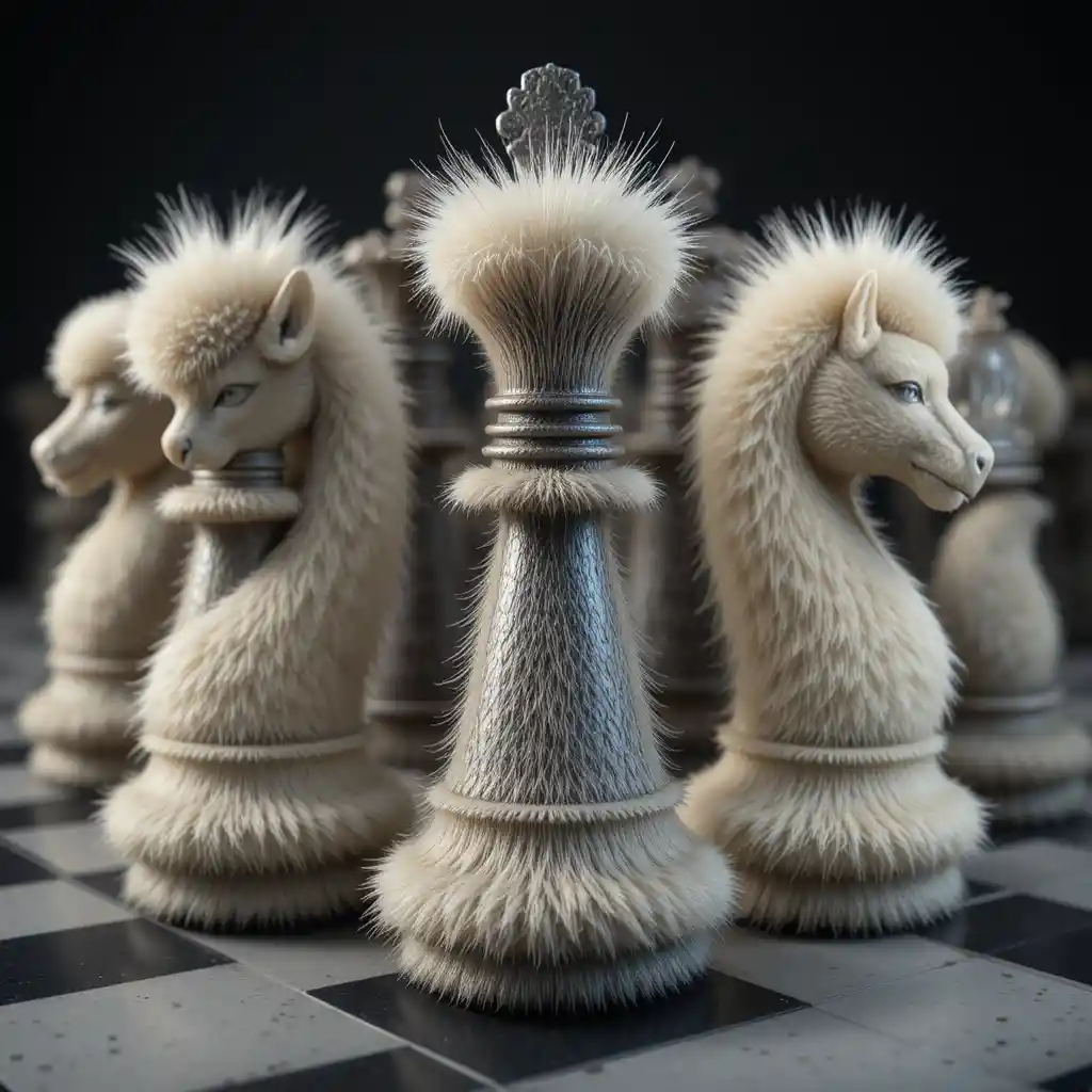 Furry chess pieces with hats on a stylized chessboard