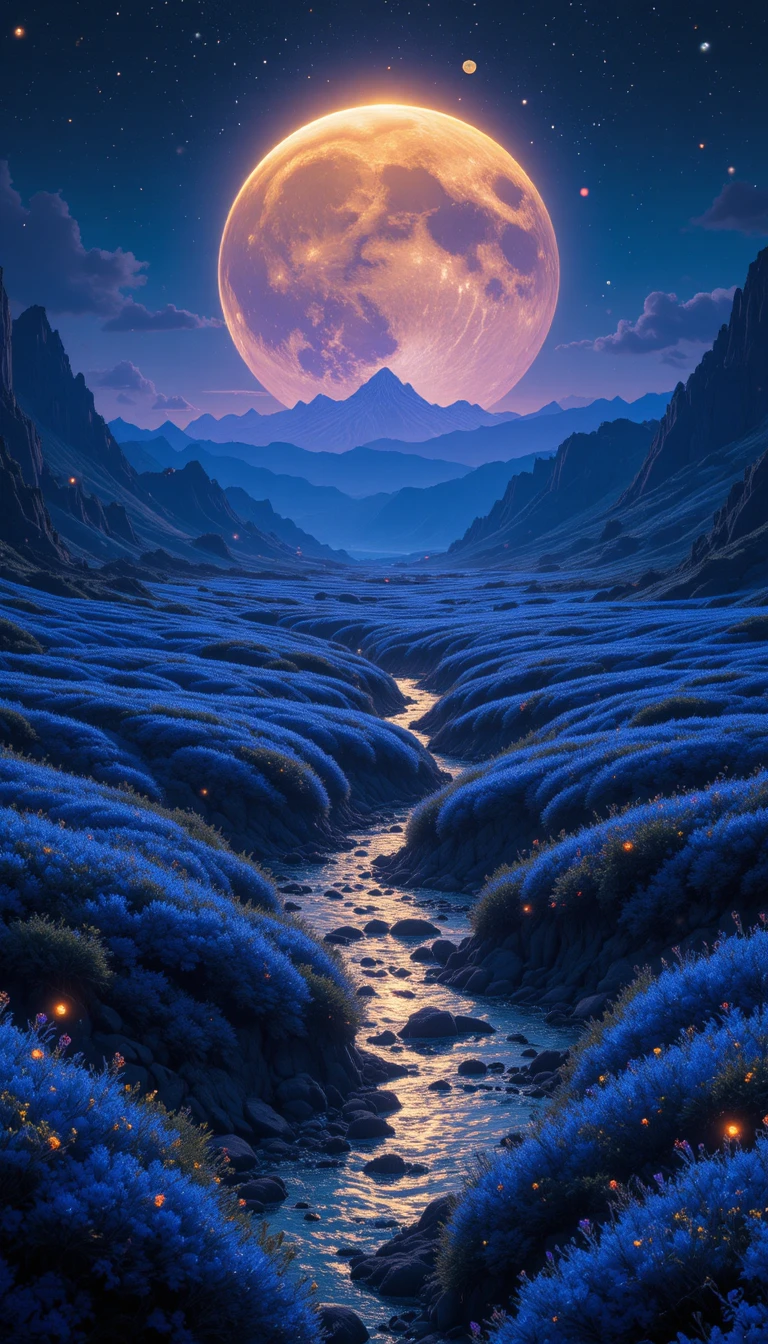 Alien river valley under a glowing golden moon