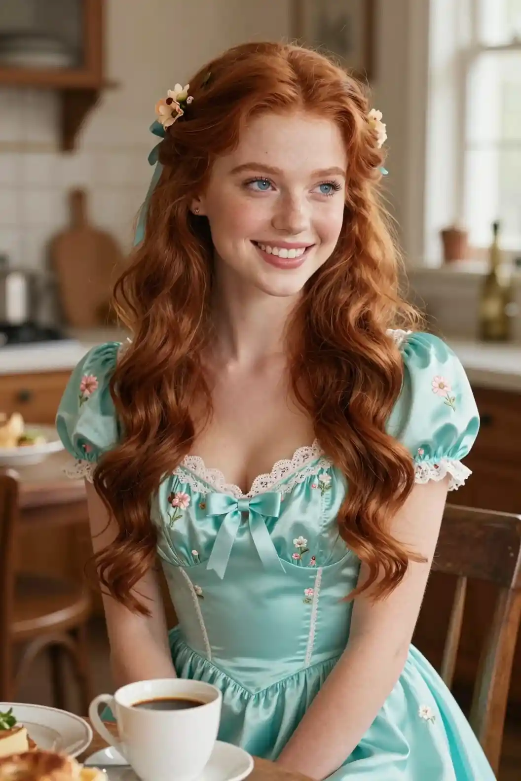 Smiling young woman in vintage turquoise dress at table
