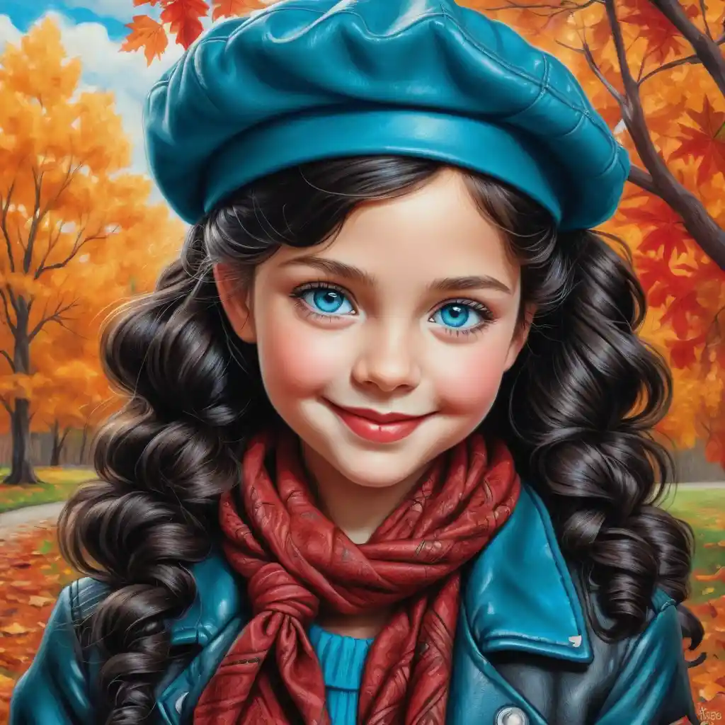 Smiling autumn girl with teal beret and long curly hair