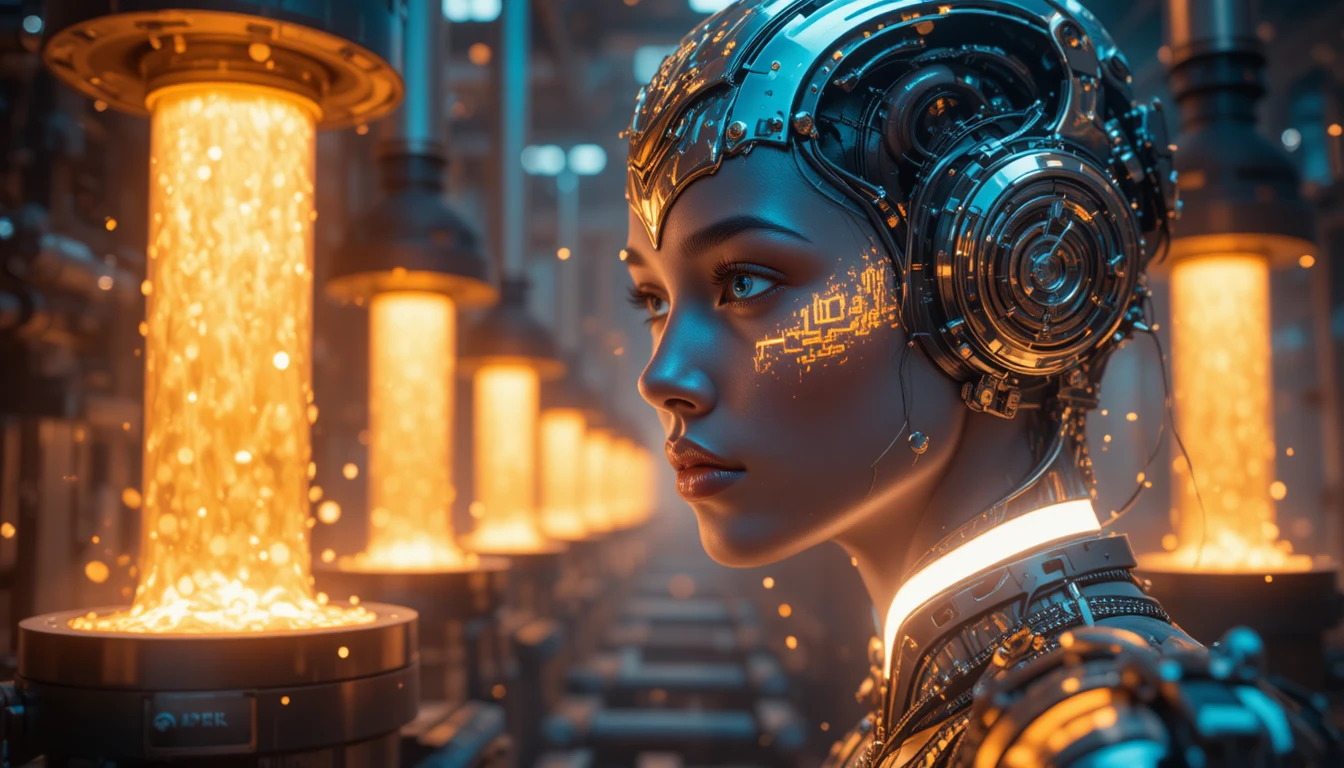 Surreal industrial chamber with glowing metal and hammers