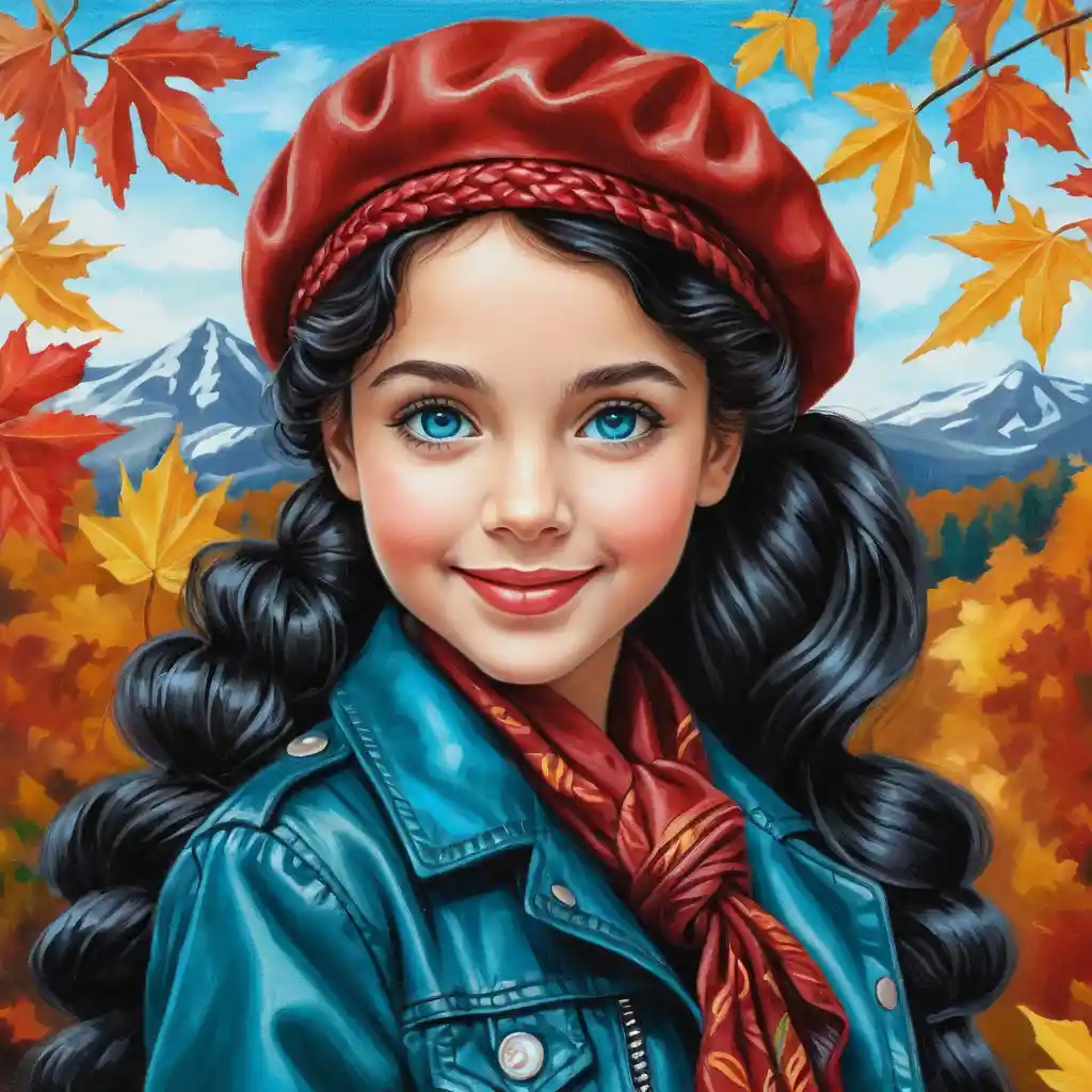 Smiling girl with teal beret in an autumn park scene