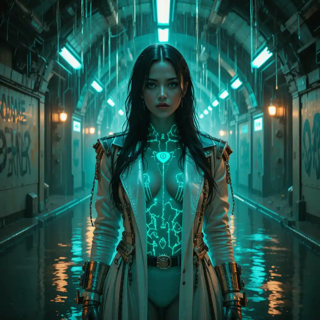 Cyberpunk outlaw queen in glowing underground subway sanctuary