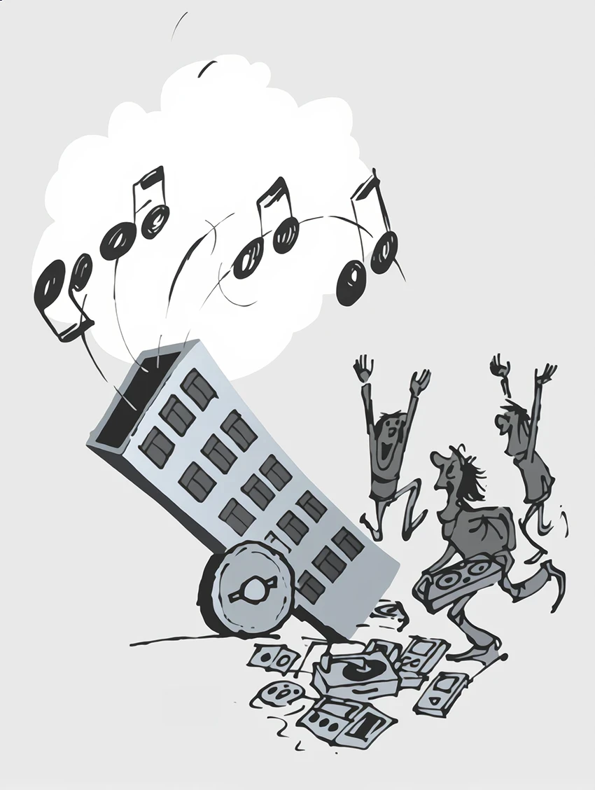 Leaning cartoon dormitory building with dancing students