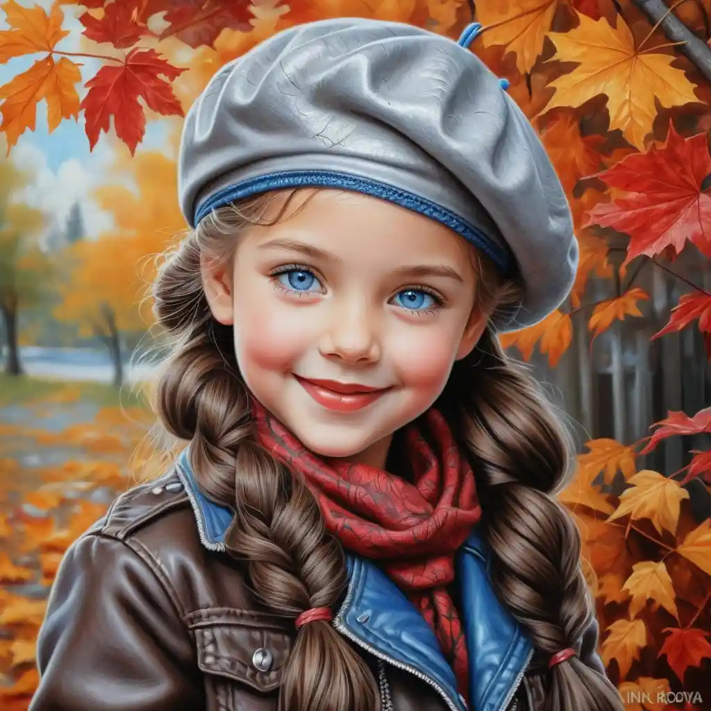 Smiling autumn girl with long braided brown hair portrait