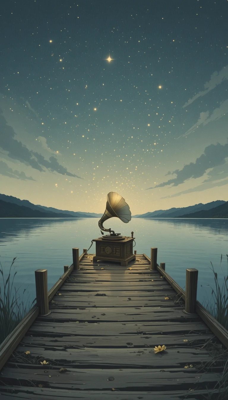 Antique gramophone on wooden jetty at twilight by a quiet lake