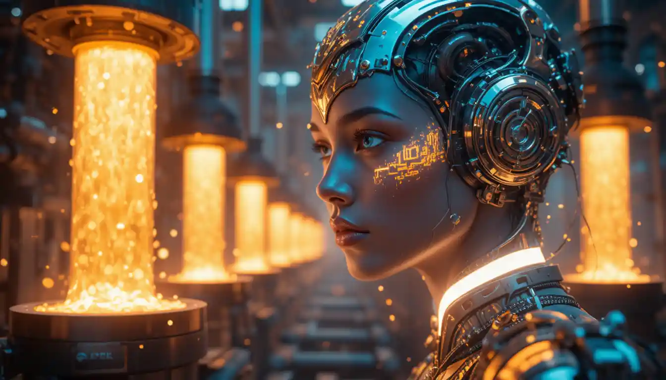 Surreal industrial chamber with glowing metal and hammers