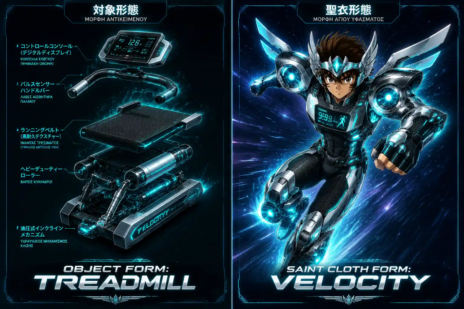 Exploded treadmill schematic beside charging armored anime warrior