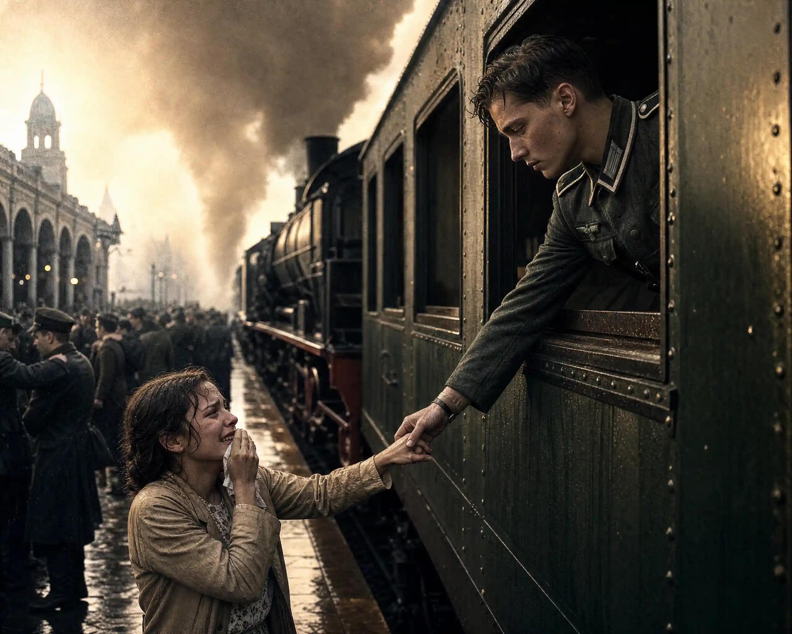 Wartime farewell at a European train station window