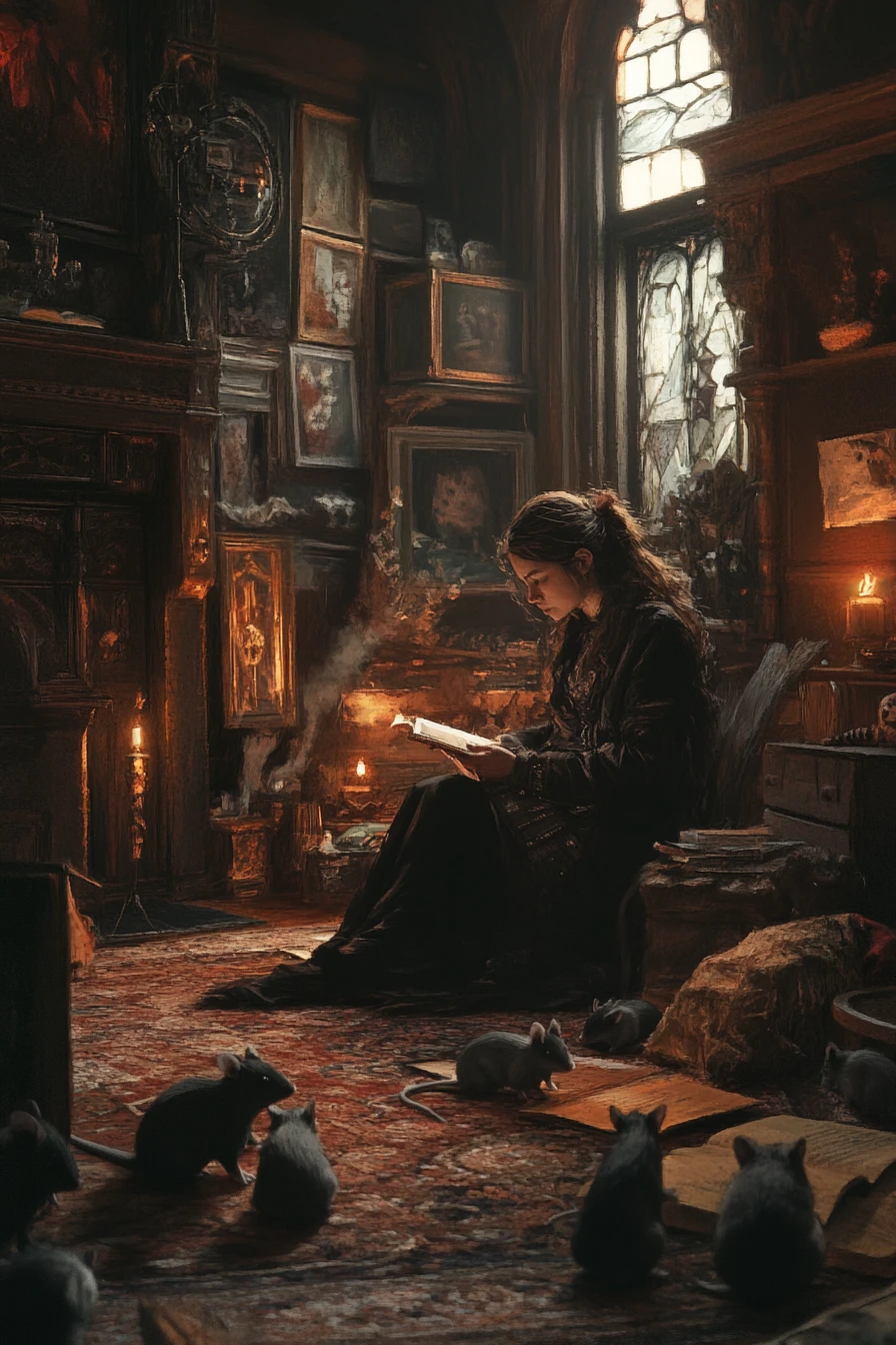 Woman with pet rats in a dim victorian home interior