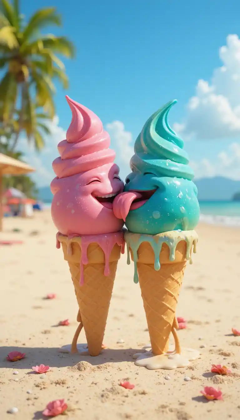 Coni gelato antropomorfi e giocosi su una spiaggia soleggiata