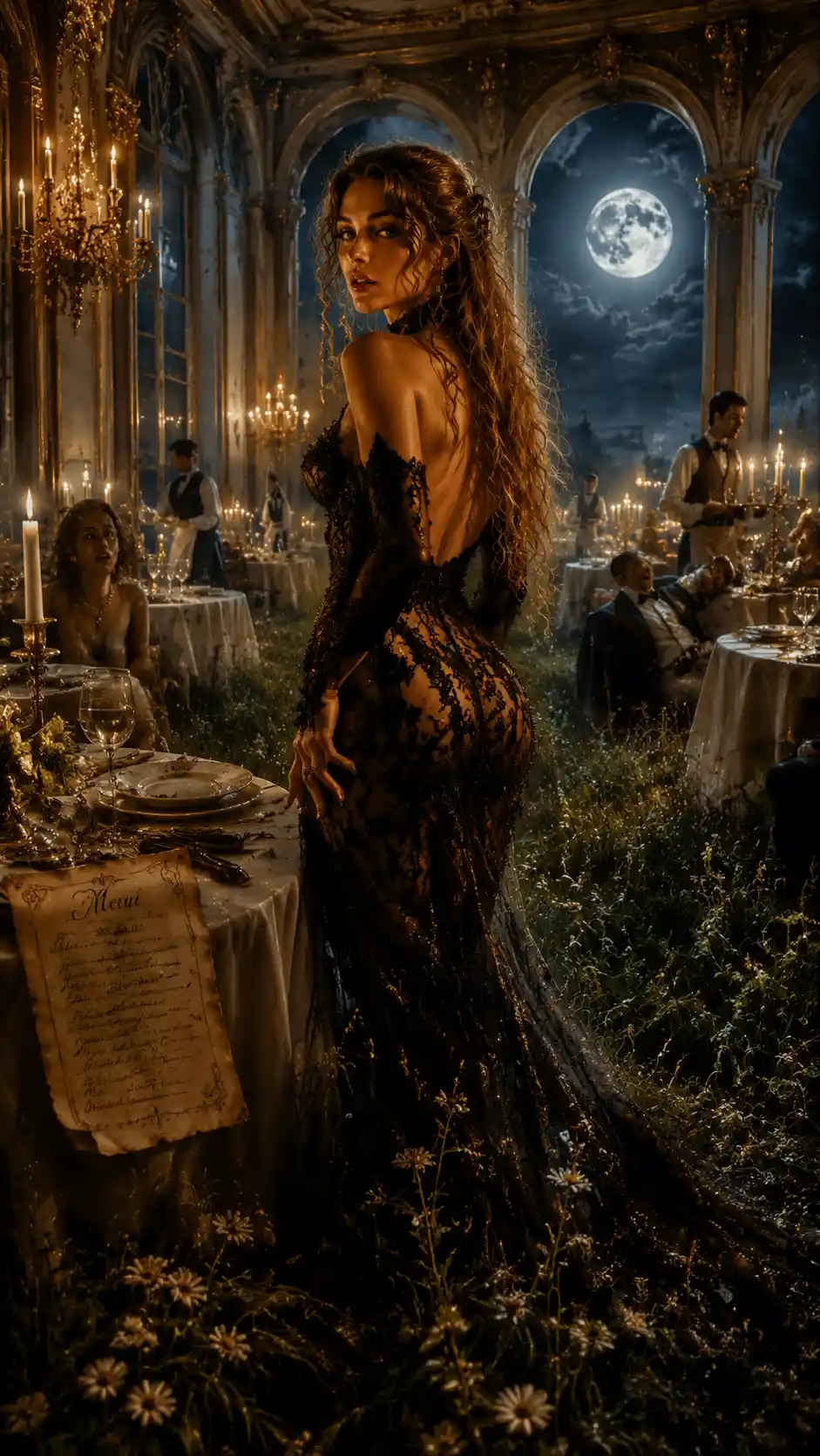 Woman In Candlelit Drawing Room Opening To Midnight Meadow