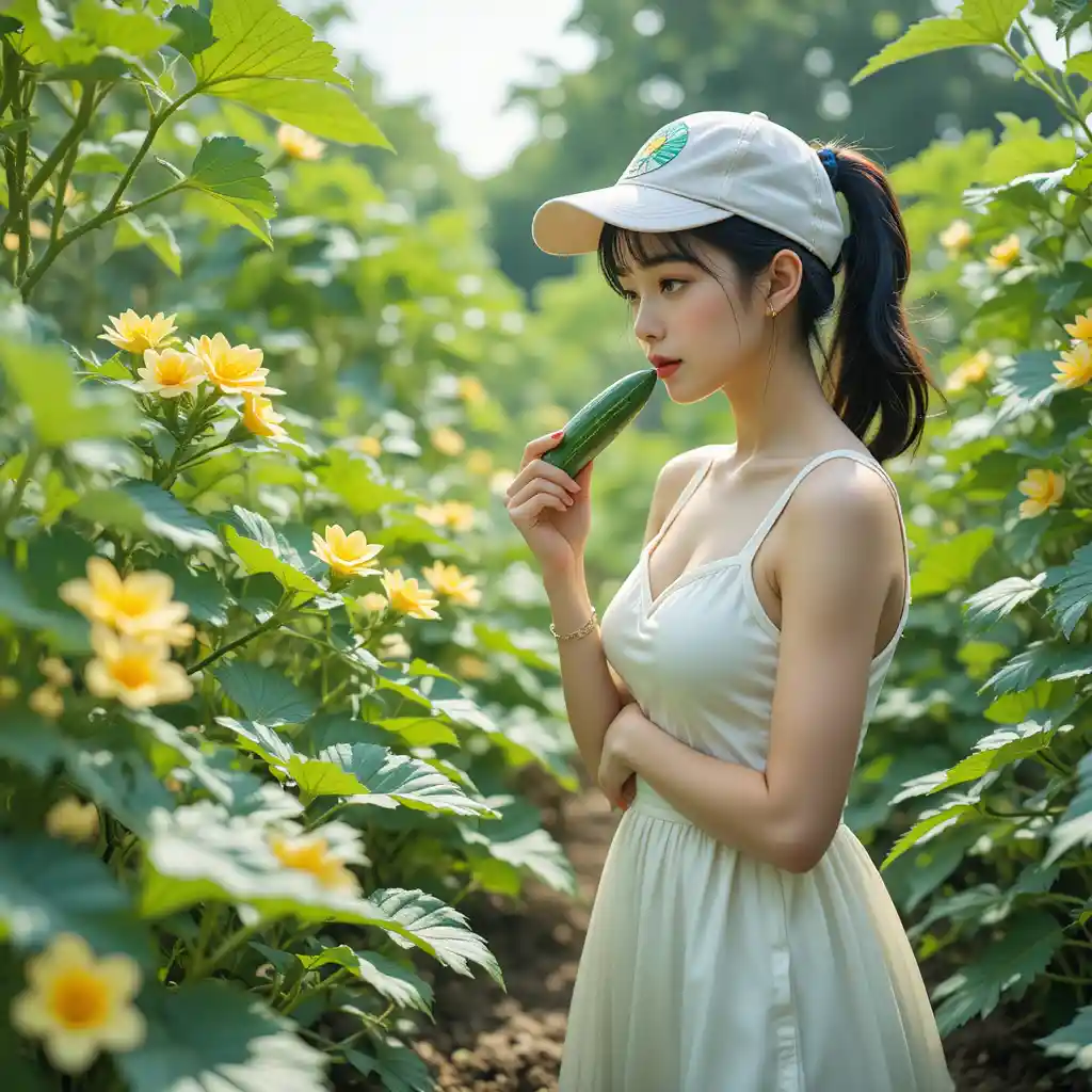 Young woman in white sundress smelling cucumber in garden