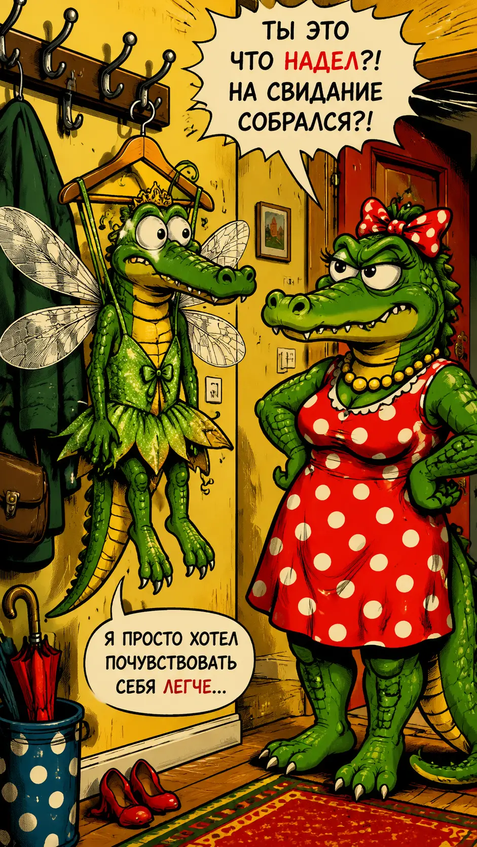 Anthropomorphic crocodile fairy character in a bright hallway
