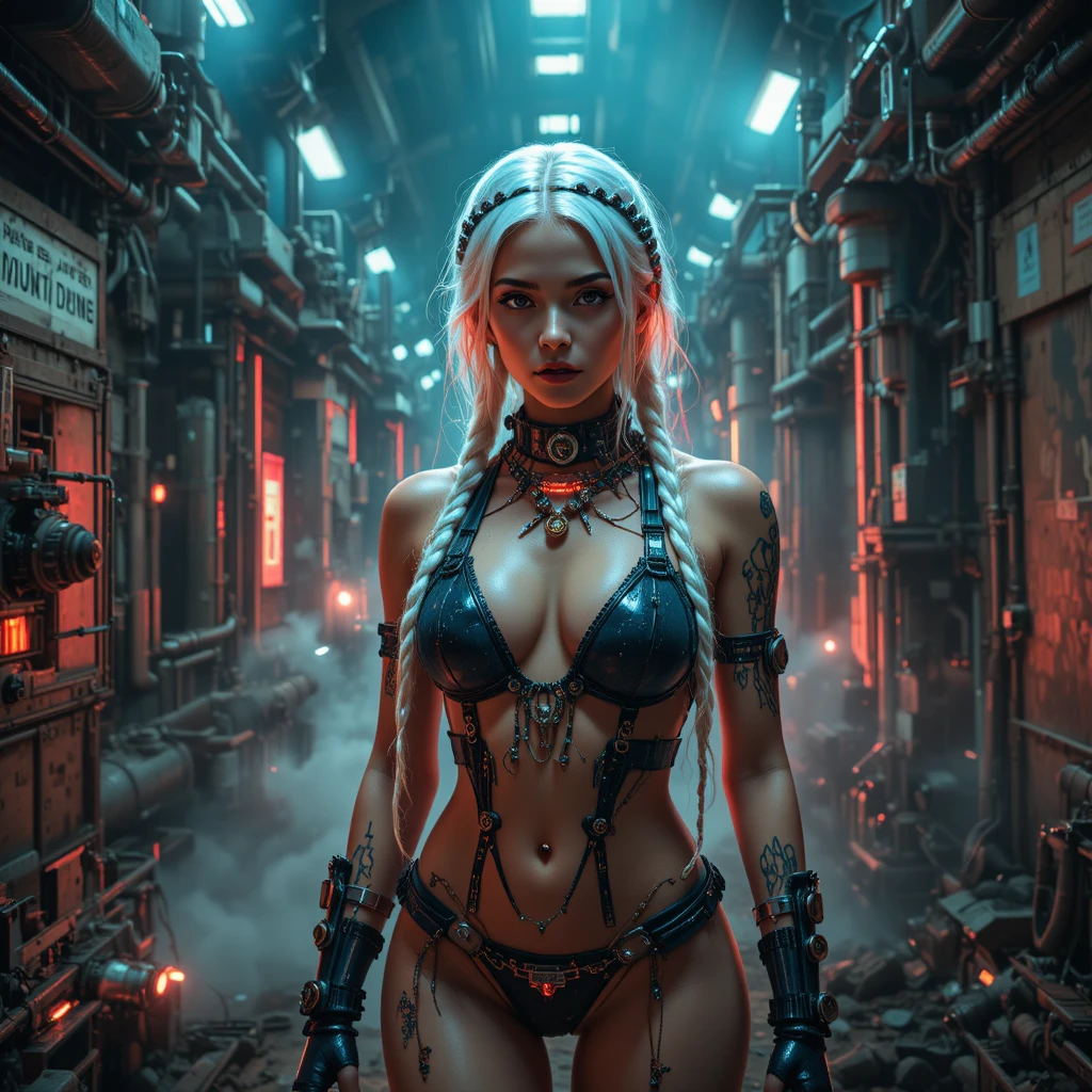 Cyberpunk-Frau im Reaktorkammer mit Neon-Zöpfen