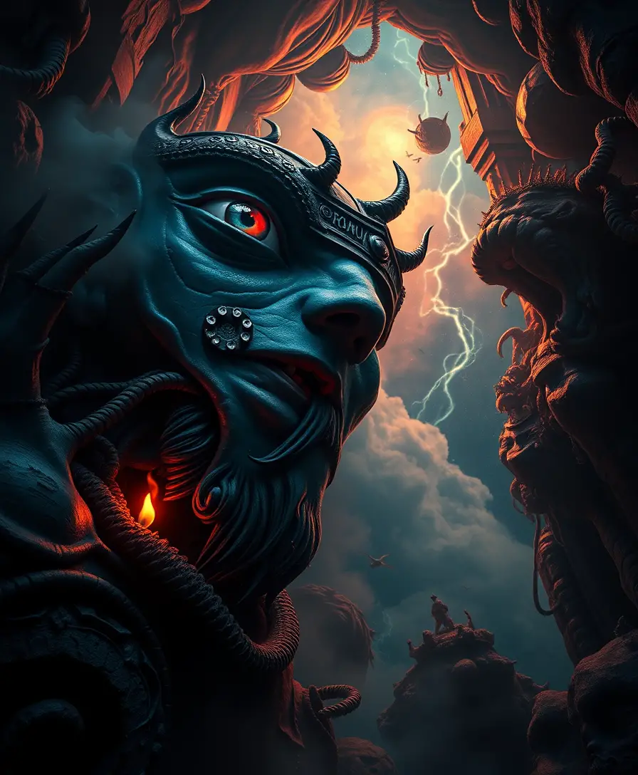 Surreal popsurrealist journey through a dark mythical mindscape