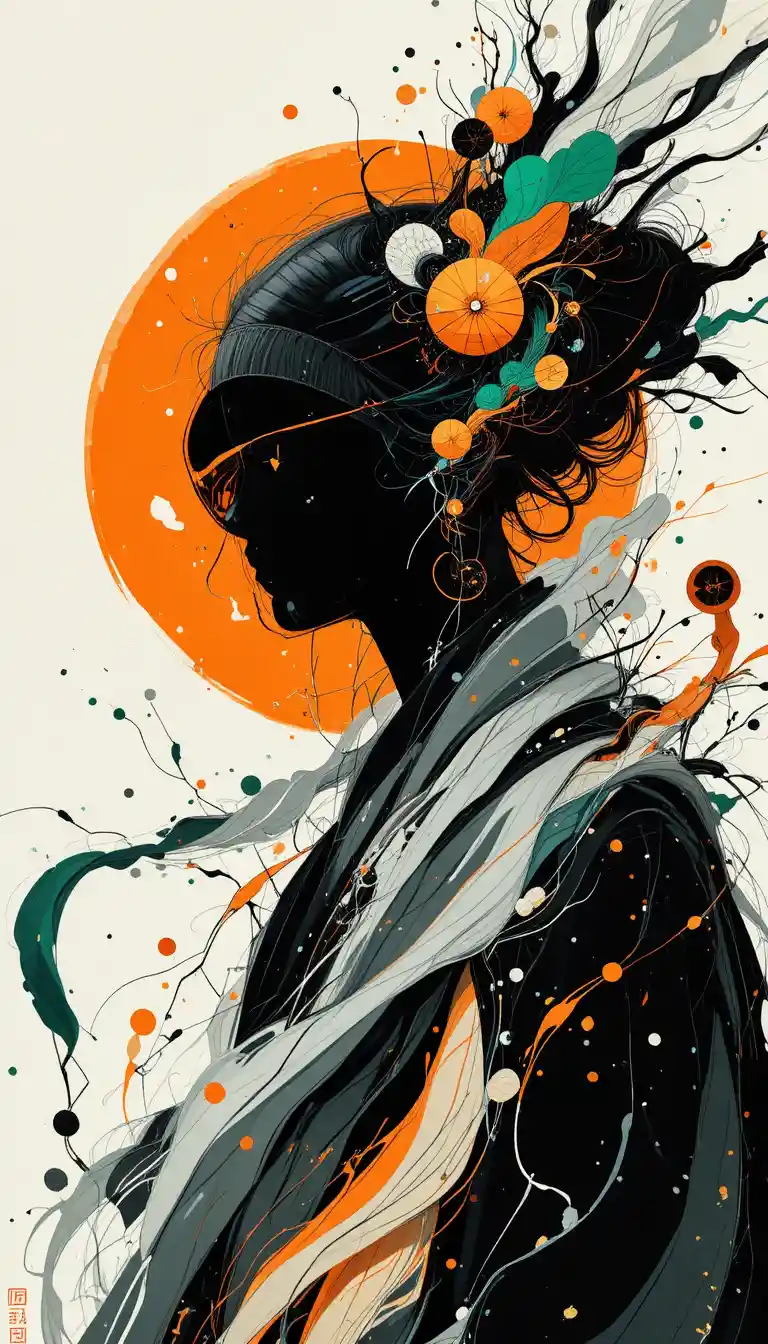 Dynamic monochrome designer illustration in neo Japanese style