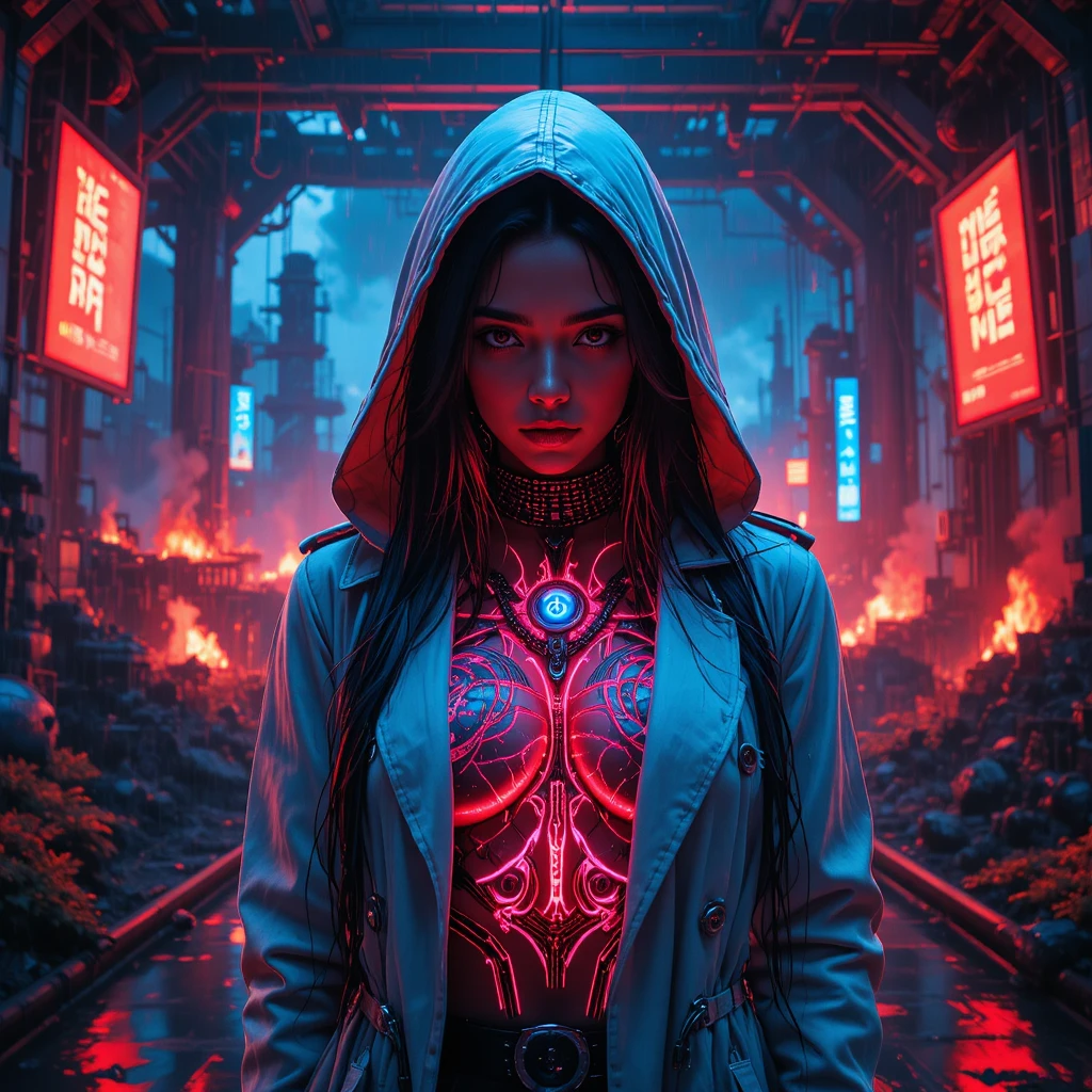 Cyberpunk outlaw empress in a burning industrial fortress