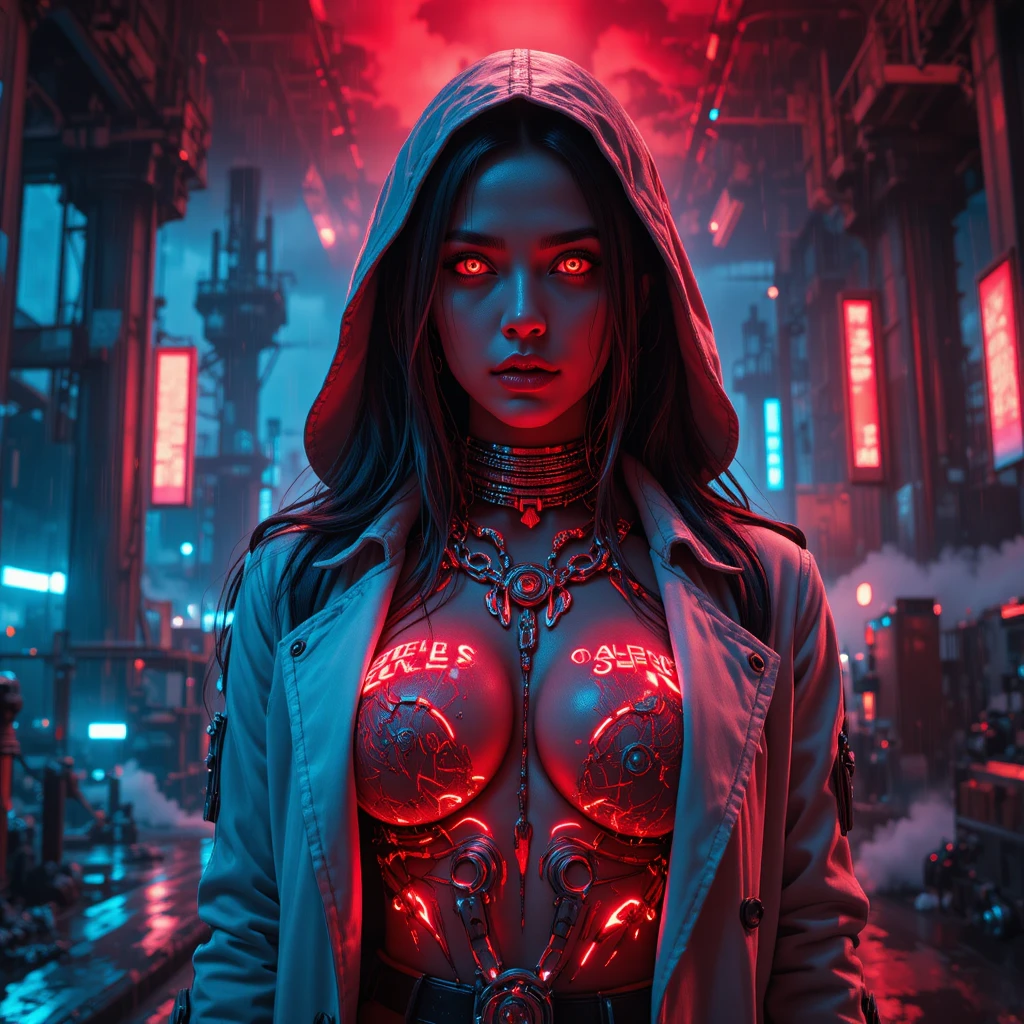 Cyberpunk-Outlaw-Kaiserin in einer brennenden Industrie-Festung