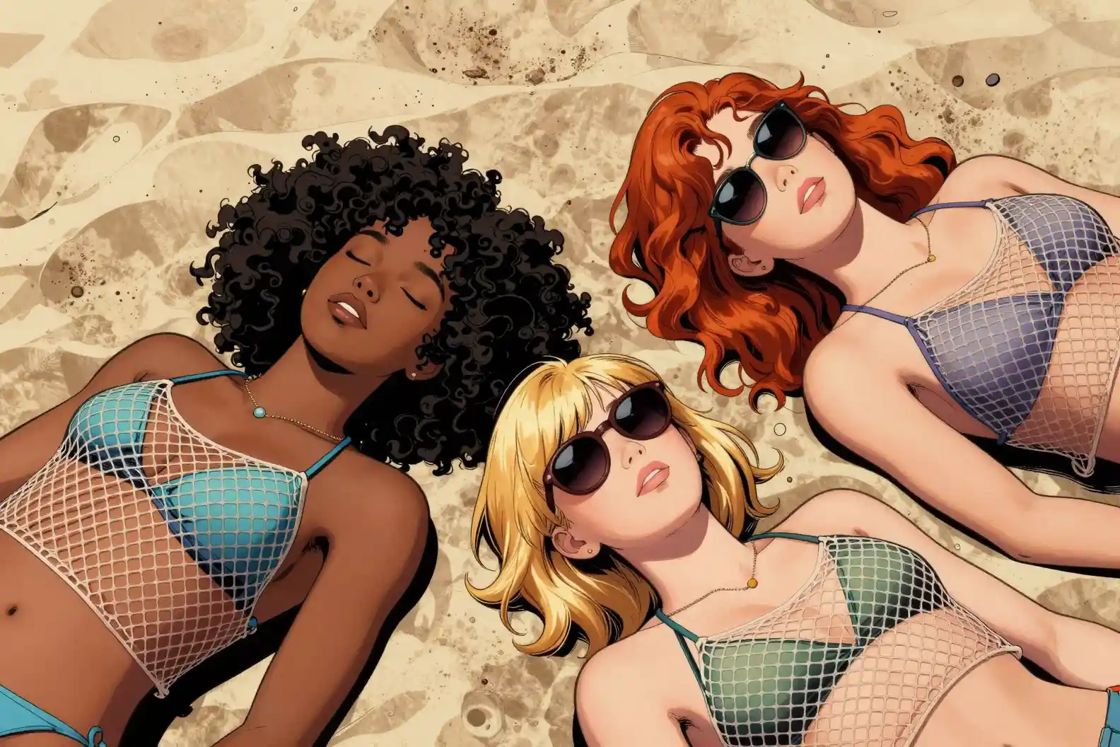 Three women sunbathing together on a sandy beach