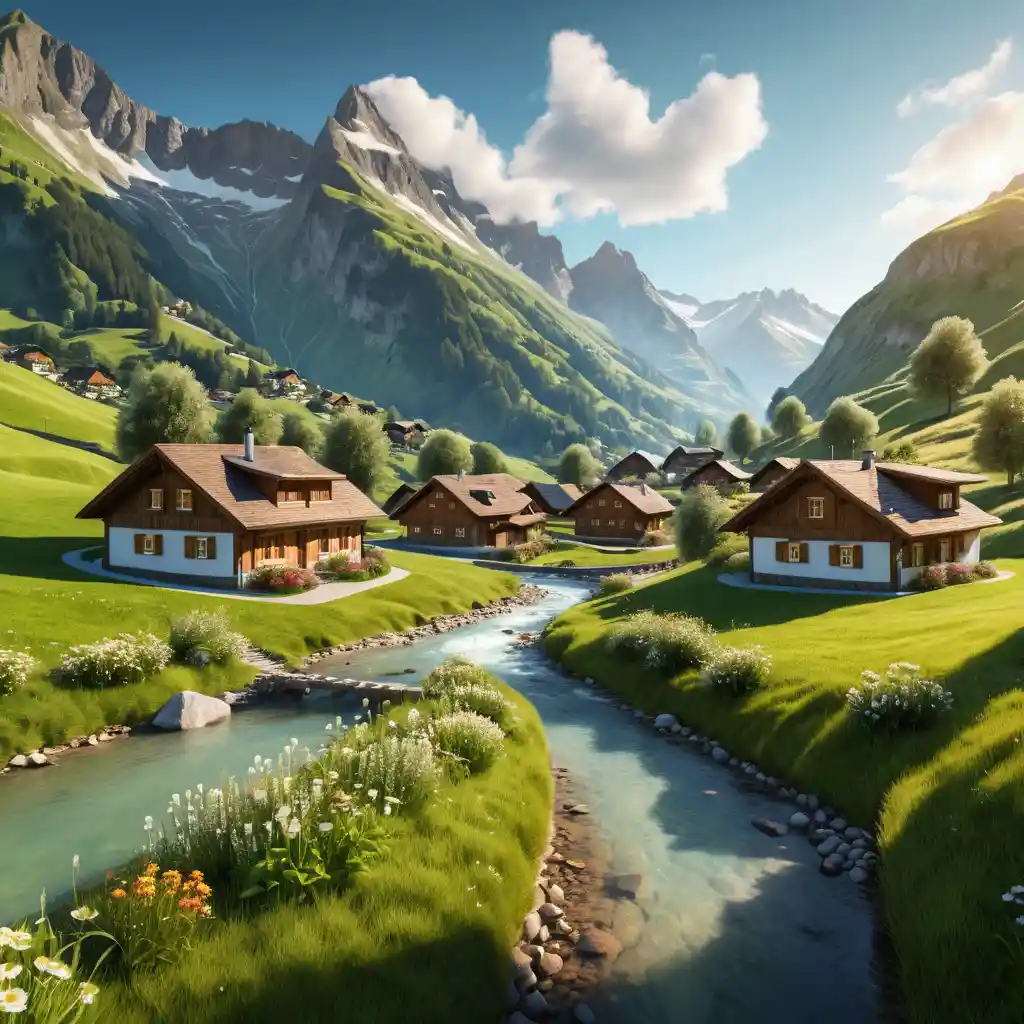 Cinematic Swiss mountain valley with river and wooden cottages