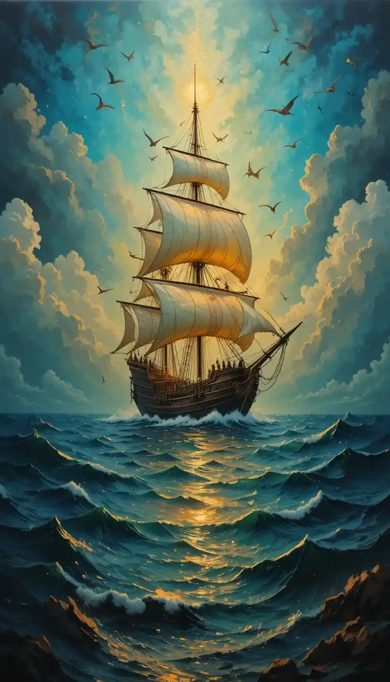 Surreal glowing sailboat drifting across a mystical sea