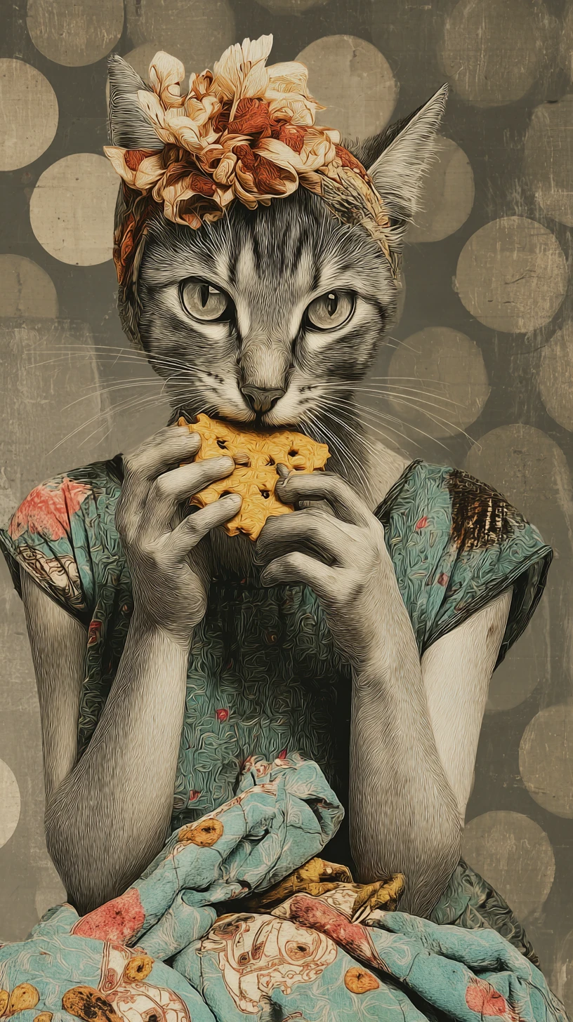 Playful grey tabby cat woman munching cookies in bokeh scene