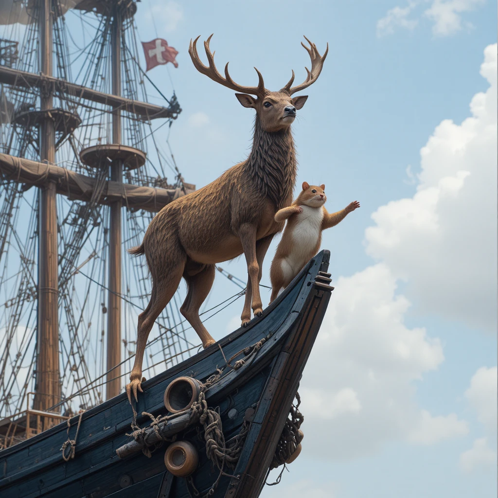 Deer Balancing A Hamster On A Ship In The City