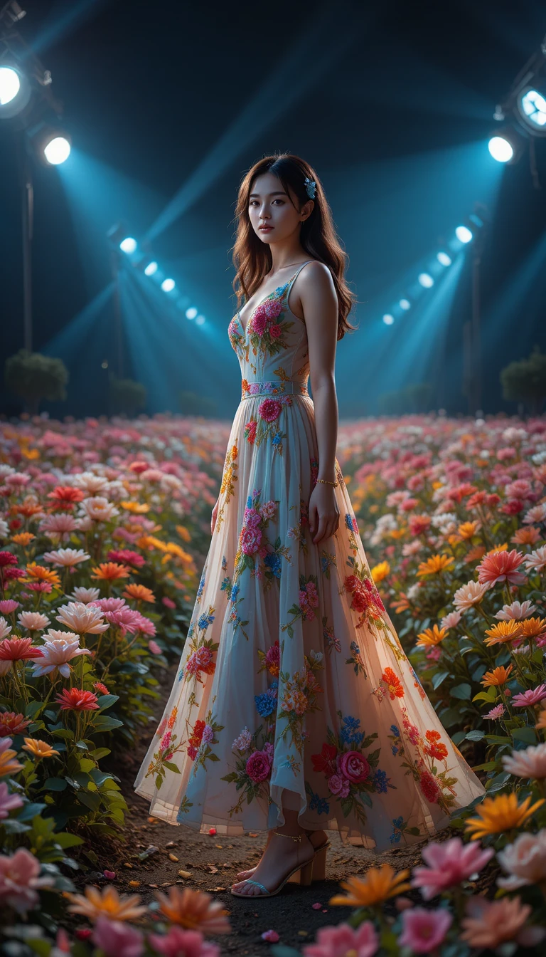 Woman in floral dress standing in a flower ring at night