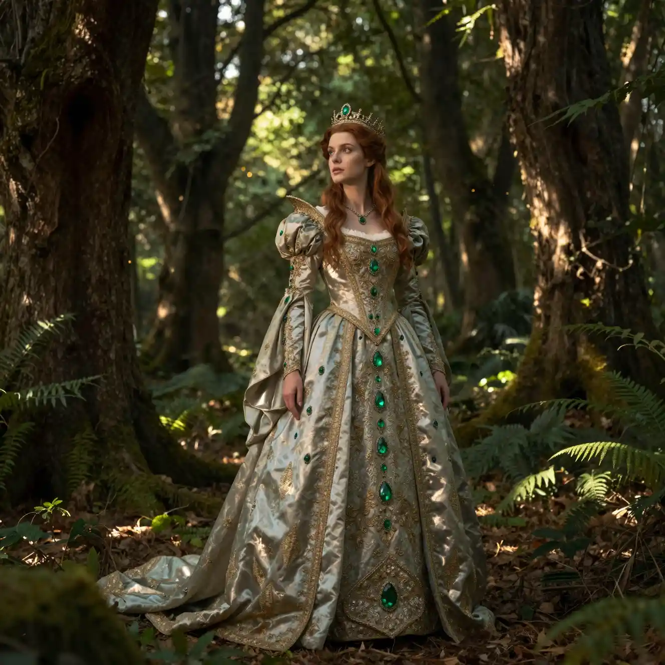 Elven queen in sunlight within an ancient forest clearing