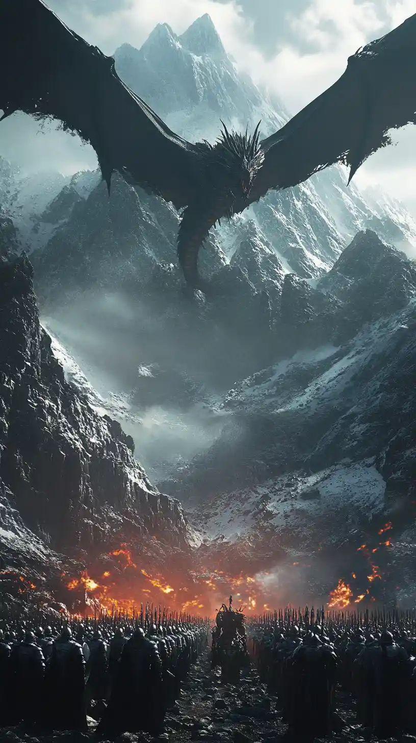Dragon Dominates Fantasy Battlefield Beneath Snow Capped Mountain