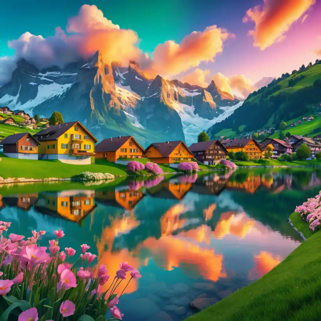 Colorful lakeside houses beneath snowy swiss mountains at sunset