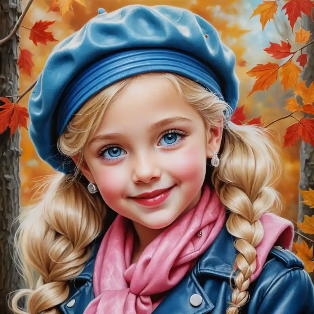 Smiling blonde girl in autumn outfit with pink beret