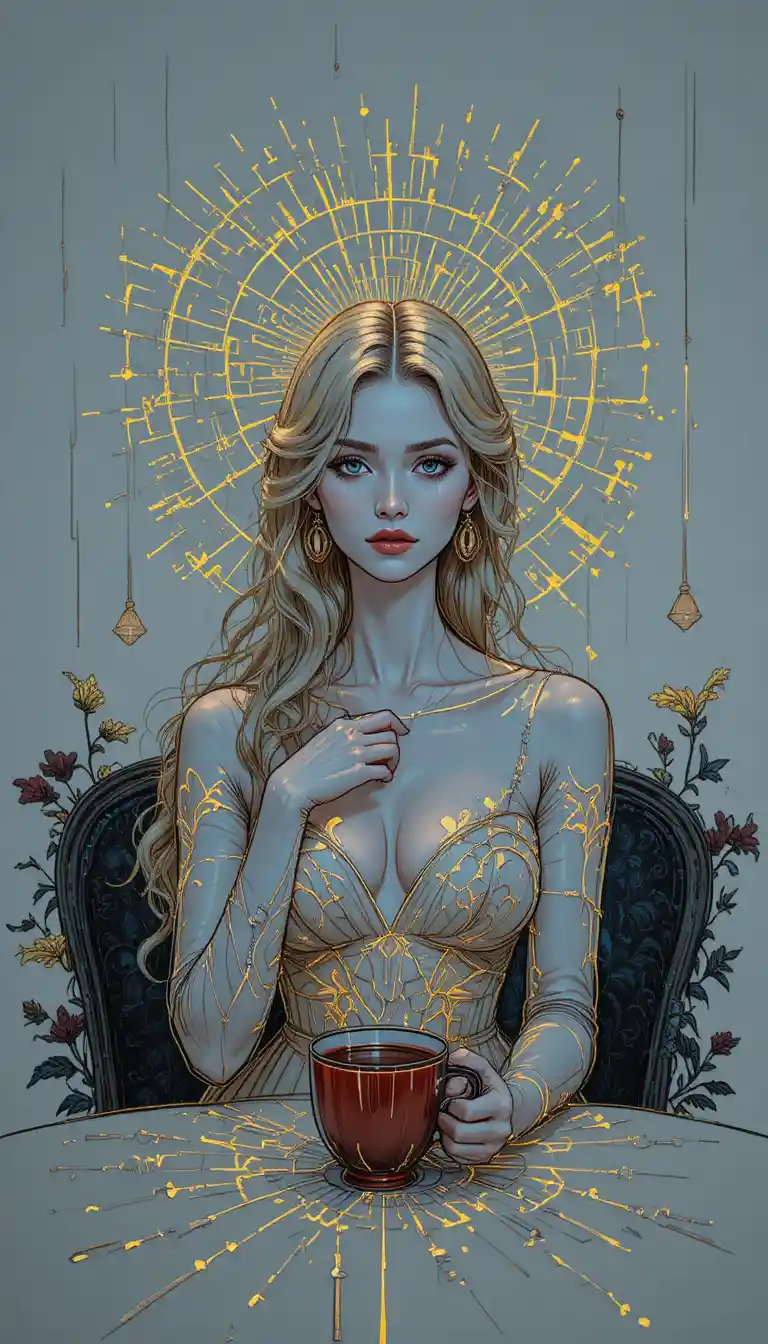 Minimalist neon sketch of angelic woman in eden garden