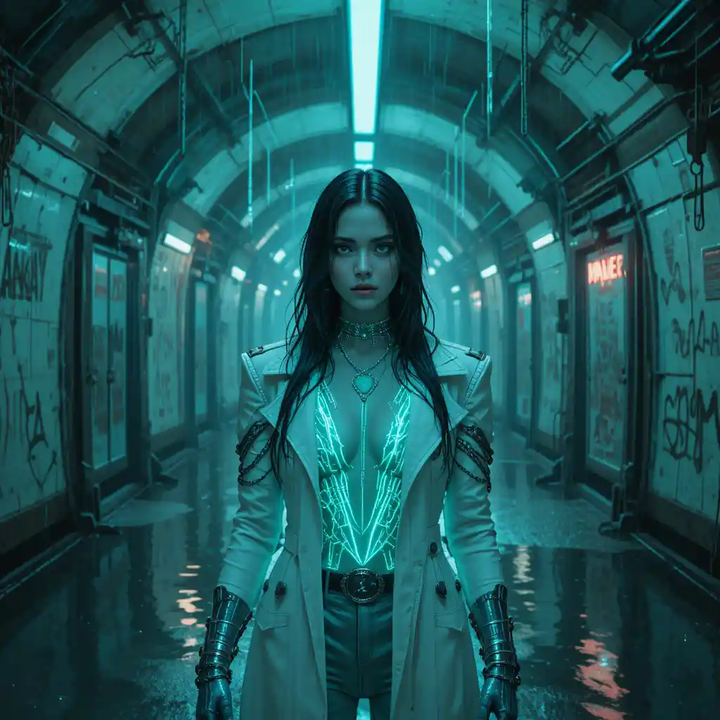 Cyberpunk outlaw queen in glowing underground metro sanctuary