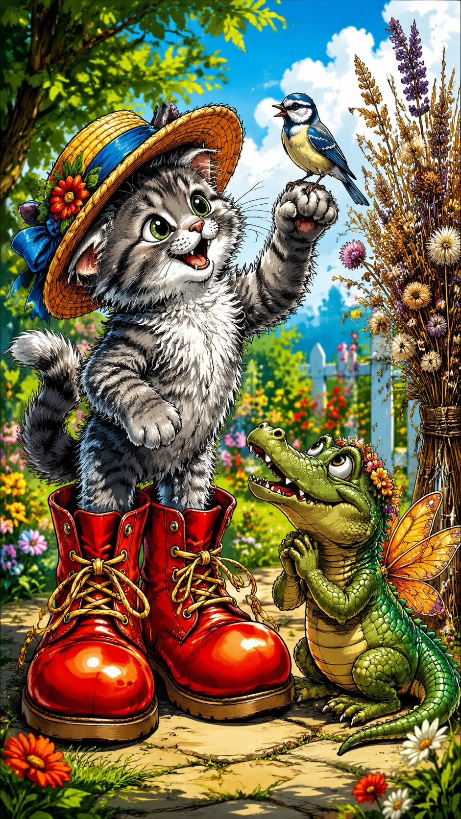 Cartoon kitten in red shoes holding a bird in garden