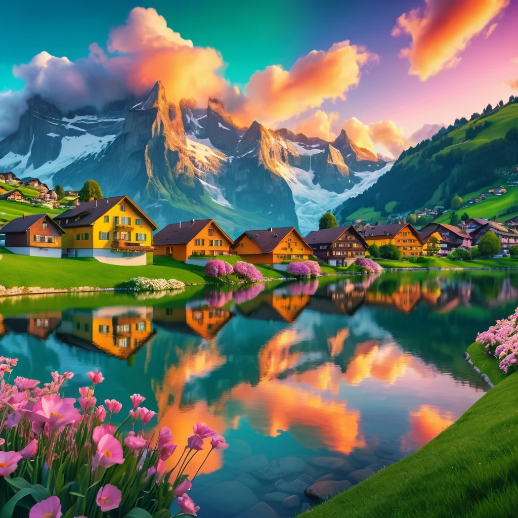 Colorful lakeside houses beneath snowy swiss mountains at sunset