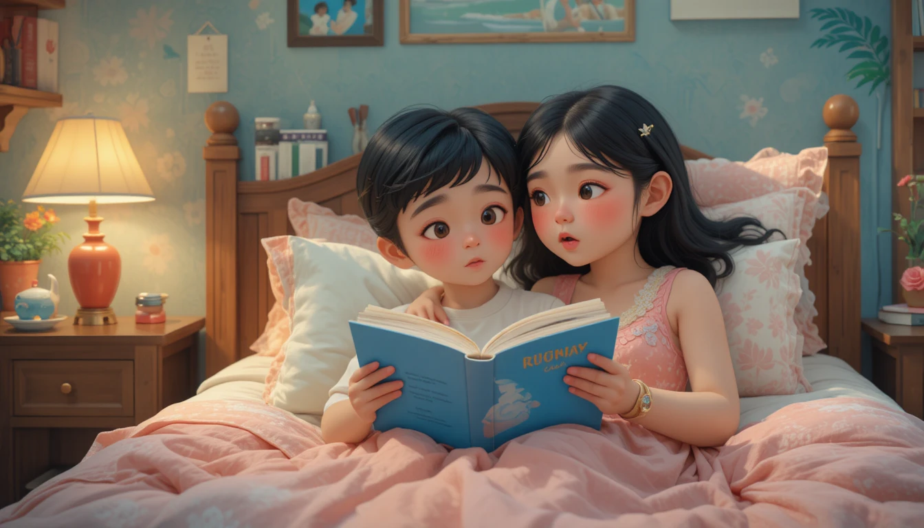 Anxious young girl alone in bed in childlike illustration