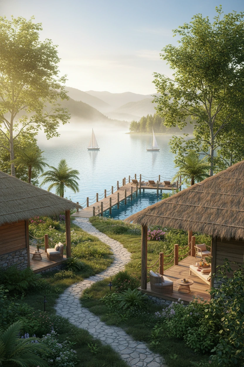 Peaceful summer lakeside resort with pier and sailboats