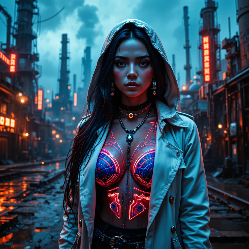 Cyberpunk outlaw empress in a burning industrial fortress