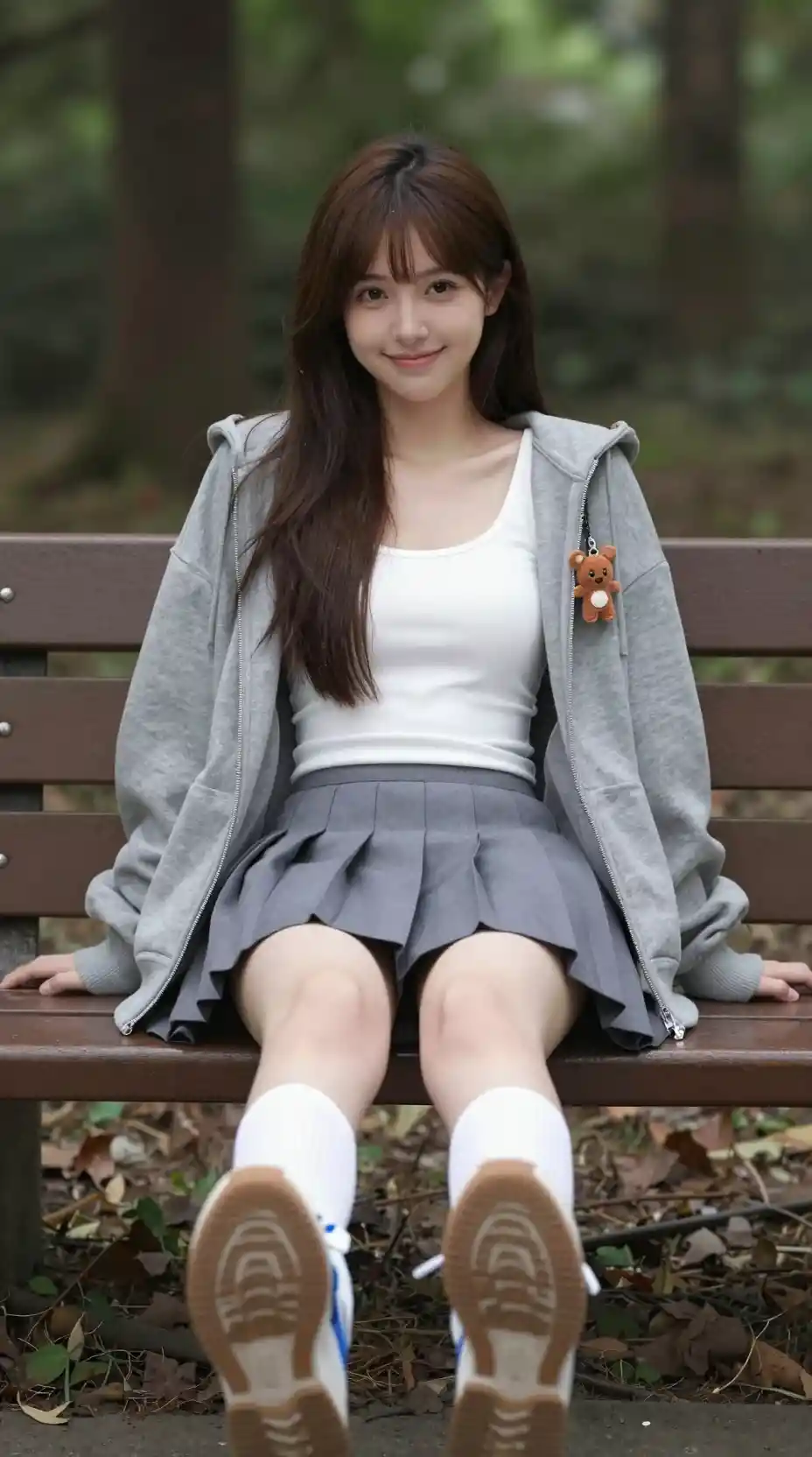 Japanese girl relaxing on a bench in a forest