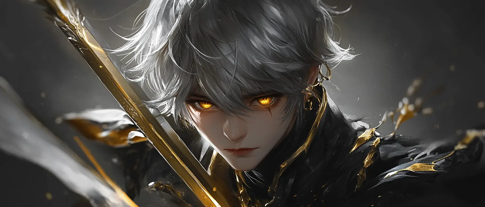 Melancholic fantasy swordsman with glowing golden eyes