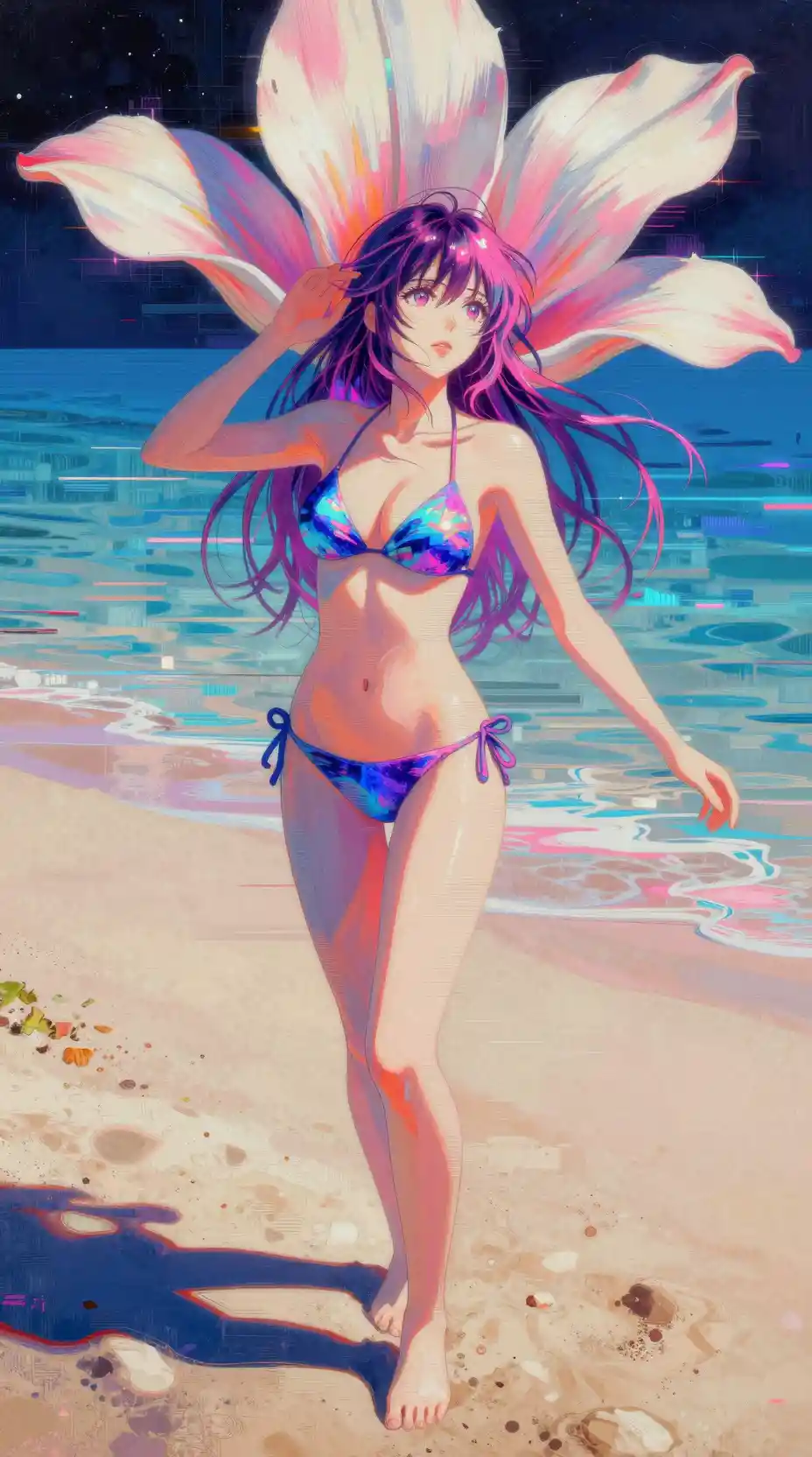 Anime woman on abstract glitch beach with neon lines