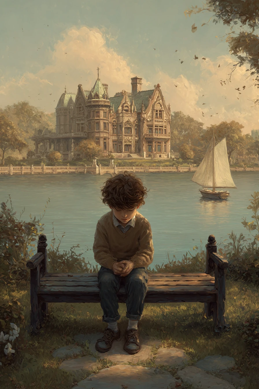 Thoughtful boy on a wooden bench by a quiet lake