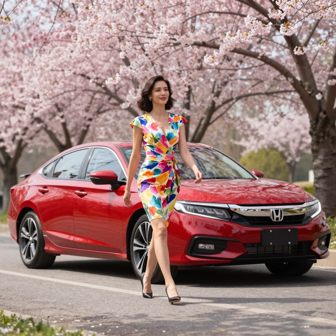 Elegant woman walking by red coupe under cherry blossoms