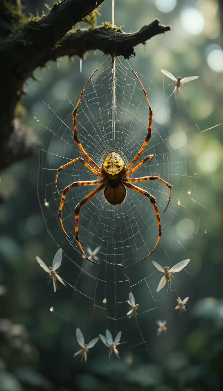Yellow orb weaver spider hanging on a single silk thread