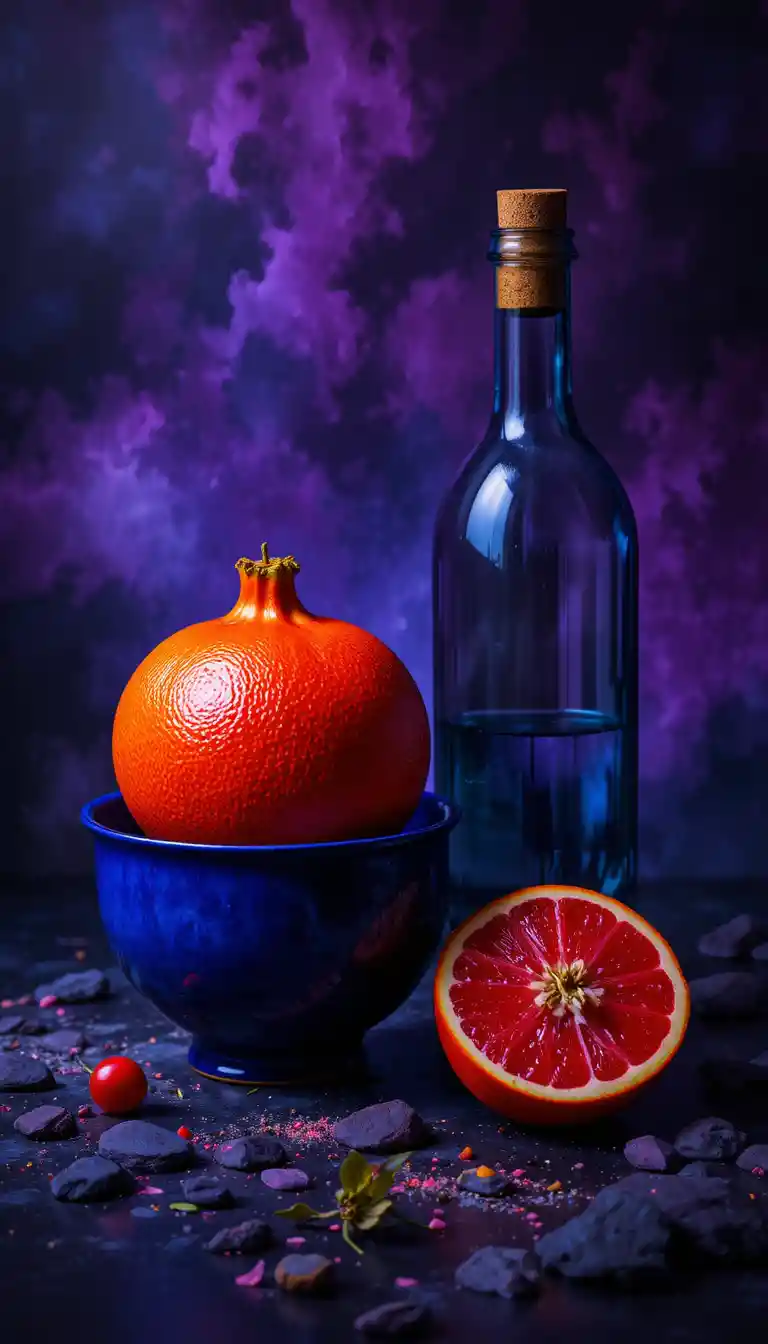 Red pomelo still life with blue bowl and glass bottle